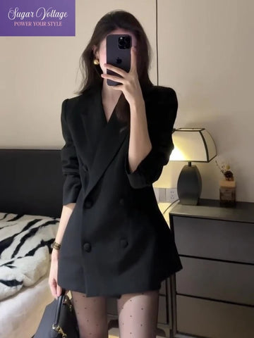Korean Elegant Slim Fit Blazer Coat Women V-Neck Long-Sleeve Double Breasted Casual Black Coat Office Style Blazers