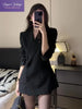 Korean Elegant Slim Fit Blazer Coat Women V-Neck Long-Sleeve Double Breasted Casual Black Coat Office Style Blazers