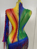 Women Colorful Sparkly Rhinestones Tassel Sexy See-Through Dress One Shoulder Latin Dance Outfits Nightclub Party Stage Costume