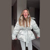 Chic Shiny Hooded Cotton Jacket With Belt Women Elegant Long Sleeve Zipper Lace Up Coats Lady Winter Street Warm Outerwear