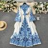 Retro Court Style Printed Dress Women Autumn Winter Flared Sleeve Vintage Long Dresses Ladies Slim Autumn Winter Long Robe