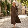Women With Belt Solid Single Breasted Midi Dress Vintage Lapel Neck Long Sleeves Female Chic Lady Dresses