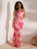 Women's Deep Draped Neck Backless Vacation Floral Print Maxi Knit Dress Elegant Party Dresses
