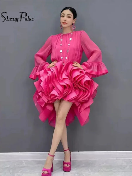 Women Long Sleeve Ruffled High Low Dress Elegant Party Evening Gown Pleated Formal Outfit Autumn