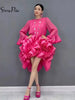Women Long Sleeve Ruffled High Low Dress Elegant Party Evening Gown Pleated Formal Outfit Autumn