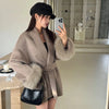 Elegant Lace Up Woolen Coat Women Furry Lapel Fur Patchwork Belt Loose Short Jacket Female Lady Autumn Winter Cardigans