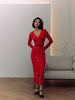 Elegant Evening Dress Women V Neck Long Sleeve Patchwork Button Slit Sweater Dresses Autumn Winter Knit Maxi Dress