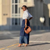 Women High Waist Patchwork Wide Leg Denim Trousers Jeans Retro Casual Elastic Waist High Street Pockets Loose Jeans