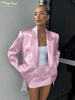 Loose Pink Satin 2 Piece Sets Women Outfit Elegant Long Sleeve Blazer With Mid Waist Mini Skirts Set Female
