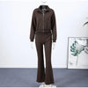 Zipper Plush Jacket Long Pants Lady Set Solid Color Lapel Jackets High Waist Slim Bell-Bottom Trousers Casual Women's Sets