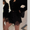 Elegant Black Women's Jacket Stand Collar Hollow Out Full Sleeve Waist-Closed Lady Coats Spring Chic Female Streetwear