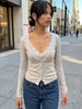 Women Lace V Neck Cropped Cardigan Coat Long Sleeve Button Knit Sweater Spring Casual Streetwear Lady Slim Knitwear
