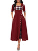 Women's Irregular Lattice Patchwork Long Dresses Vintage Buttons O Neck Half Sleeves Casual Lady Commuting Dress