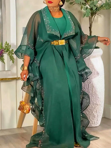 2 Pcs Sets African Clothes for Women Dashiki Diamond Outfit Gown Plus Size Evening Wedding Party Dresses Kaftan Boubou Robe