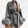 Elegant Lace Up Woolen Short Coat Solid Loose Lapel Furry Long Sleeve Belt Waist Jacket Spring Autumn Lady Chic Cardigan