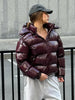 Casual Women's Glossy Hooded Cotton Coats Puffy Stand Collar Zipper Long Sleeve Warm Jackets Winter Lady Down Jacket