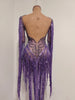 Women Sparkly Diamond Purple Tassel Long Sleeves Mesh See Through Dress Latin Dance Outfits Bar Nightclub Party Club Stage Wear