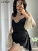 Elegant Lace Patchwork Short Dress Women See Through High Collar Flare Sleeve Party Dresses Autumn Lady Evening Robes