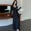 Brand Knitted Maxi Dress Elegant Turn-down Collar Embroidery Long Sleeve Shirt Dress Lady Sweater Vestidos