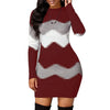 Women Elegant Patchwork Long Sleeve Warm Dress Autumn Winter Rib Knit Sweater Dress Casual Turtleneck Pullover Mini Dresses