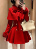 French Elegant Vintage Woolen 2 Piece Set Women Faux Fur Collar Cape + Fit Chic Dress Winter A-Line Retro Party Outfits