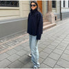 Woolen Dark Blue Jacket Women Autumn Single Breasted Stand Collar Loose Female Coat Office Lady Street Short Outwear Tops