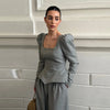 Elegant Woolen Top Pants Women Set Urban Long Sleeve Slash Neck Pleated Blouse Straight Trousers Autumn Winter Lady Suit