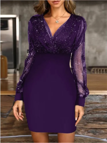Sexy V-neck Transparent Long Sleeved Dress Women's Solid Color Sequin Dresses Party Elegant Autumn Clothes