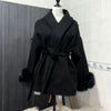 Women's Woolen Coat with Faux Fur Cuffs Belted Waist Short Autumn Winter Wrap Jacket