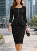 Women Vintage 2/3 Sleeve Crew Neck Zip Up Peplum Knee Length Cocktail Party Work Business Casual Sheath Bodycon Pencil Dress