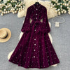 Women Rhinestone Lace Up Dresses Velvet Solid Dress A Line Lantern Sleeve Ankle Lenth Single Breasted Casual Elegant Autumn
