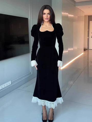 Elegant Velvet Mermaid Dress Lace Patchwork Cuff Women High Waist Long Dress Party Club Black Evening Gown Lady Chic Robe