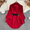 Spring Office Lady Shirt Dress Women Long Lantern Sleeve Sashes Waist Robe Femme Single Breasted Short Dresses