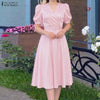Women Silky Satin Party Midi Dress Elegant V-Neck Short Puff Sleeve Belted A-Line Dress Graceful Cocktail Vestidos Mujer