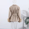 Retro Solid Fur Patchwork Woolen Coats Women Chic Full Sleeve V-neck Lace Up Loose Overcoat Lady Winter Commute Outwear