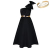 Women Big Bow Shoulder Skew Collar Big Swing Knee Length Dress Belt Street Vestidos Sexy Party Evening Chic Dresse