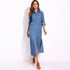 Women's Denim Dress Casual Long Sleeved Lapel Button Cardigan Dress Solid Color Pocket Denim Dress