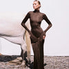 Turtleneck Long Sleeve Bodycon Dress Women Tight Elastic Lace-up Maxi Dresses Winter Evening Party Curvy Robe Red Brown