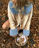 Women Deer Print Faux Fur Cropped Coats Blue Contrast Lapel Cuff Button Up Fluffy Warm Coat Winter Casual Chic Wear