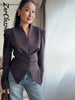 Elegant Lace Up Blazer Jacket Waist Cinching Irregular Hem V Neck Single Breasted Women's Suit Lady Commute Clothing