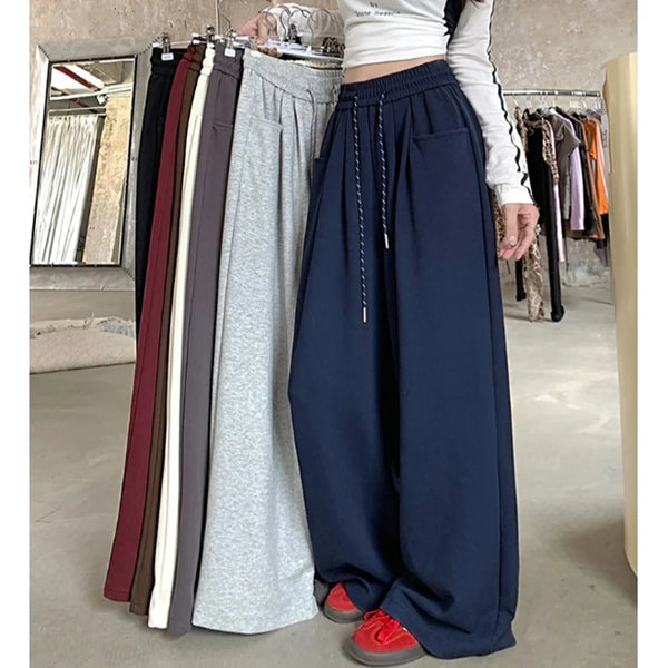 Autumn Women Hip Hop Style Baggy High Waisted Long Pants Lady Versatile Streetwear Solid Color Drawstring Wide Leg Trousers