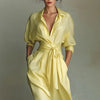Bohemian Elegant Lace-up High Waist Long Dress Woman Turn-down Collar Hollow Party Dress Spring 3/4 Sleeve Pocket Maxi Dress