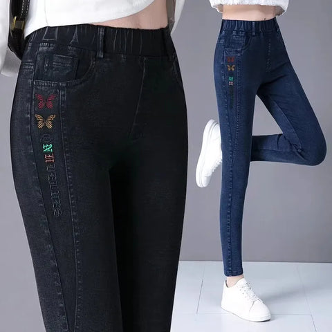 Oversize High Waist Stretch Jeans Black Autumn Women Slim Skinny Trousers Embroidery Female Winter Casual Denim Pants