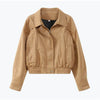Brown Loose Short Suede Jacket Women Lapel Lantern Sleeves Zipper Outwears Lady Spring Daily Commute Street Coat