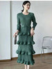 Long Pleated Dress Women Round Neck Solid Color Ruffles Cake Belt Dresses Multi-layer Female Elegant Clothing 2R6863