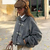 Grey Lapel Woolen Blend Short Coat Women Solid Single Breasted Long Sleeves Pockets Loose Jacket Lady Autumn Street Outerwear