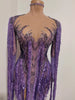 Women Sparkly Diamond Purple Tassel Long Sleeves Mesh See Through Dress Latin Dance Outfits Bar Nightclub Party Club Stage Wear