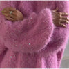 Women Sequined Fluffy Knit Cardigan Zip Up Stand Collar Loose Long Sleeve Sweater Jacket Autumn Party Casual Outerwear