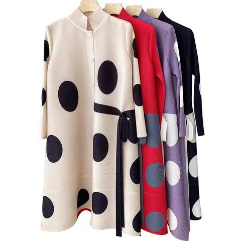 Pleated Dot Printing Dress Autumn Single Breasted Plus Size Drawstring Elegant Streetwear Festival Women Clothing
