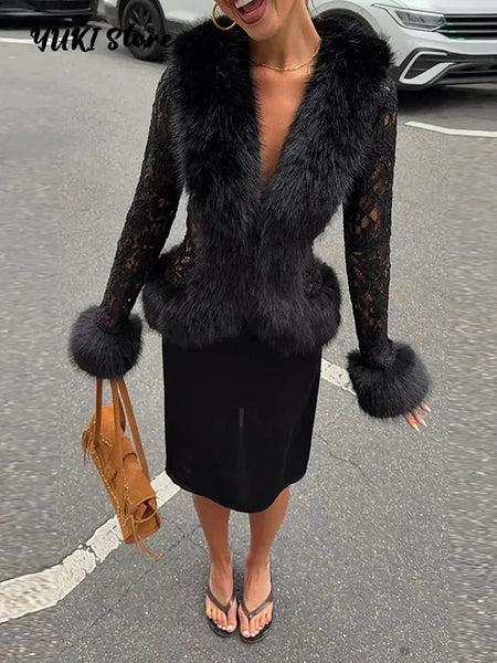 Street Faux Fur Lace Spliced Women's Jacket Black Slim Waist Lapel Long Sleeve Sexy Jackets Y2K Autumn Lady Coats